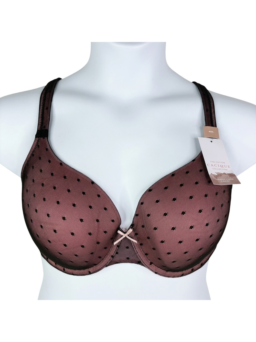 NWT Cacique Lightly Lined T-Shirt Bra sz 40C * Black Dot Lace Cotton Collection